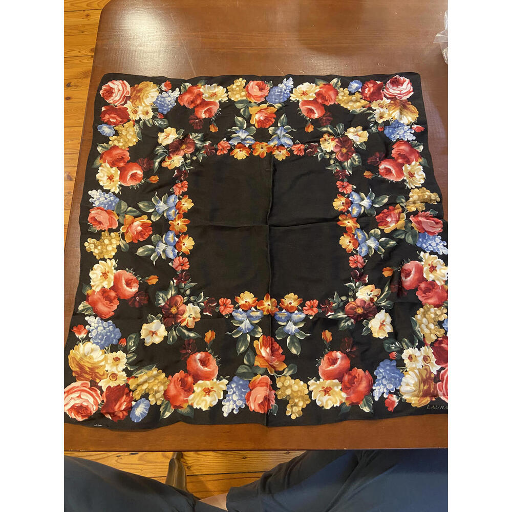 Laura Ashley Floral Square Scarf | Black with Multi-Color Flower Border | 21"